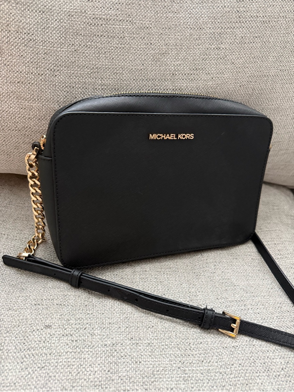 Michael Kors Black Saffiano Leather Crossbody with Gold Chain
